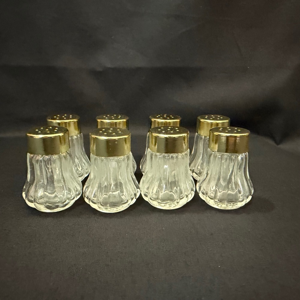 Vintage Mini Glass Salt and Pepper Shakers Set of 8 Gold Lids Fluted Clear Glass